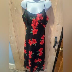Vintage 90s Hampton Nites Black Slip Dress with Red Floral Print sz 10 petite